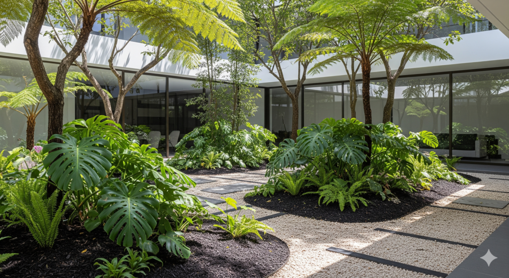 Santo Domingo Resiliente: Reingeniería del Ciclo del Agua Urbana Diseño de jardín de lluvia con vegetación tropical y pavimento permeable para gestión de escorrentía en Santo Domingo - Arquitectura Prístina.