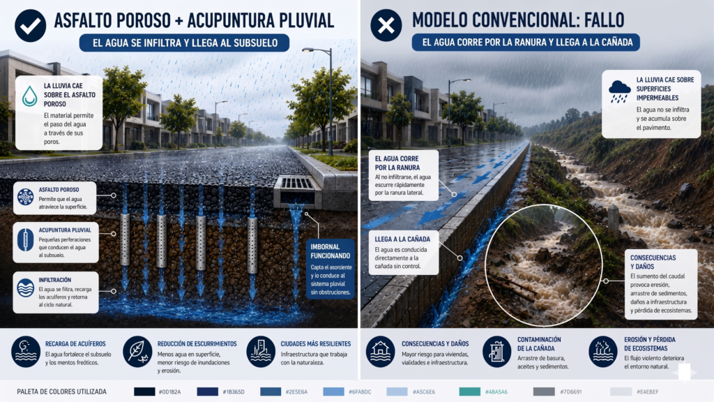 Ciudad esponja, gobernanza y financiamiento — Lo que Santo Domingo necesita y todavía no ha decidido ser Infografía comparativa: asfalto poroso con infiltración al subsuelo versus asfalto impermeable con escorrentía hacia la cañada urbana en Santo Domingo
