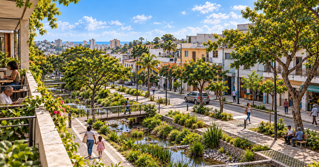 paseo urbano tropical junto al canal